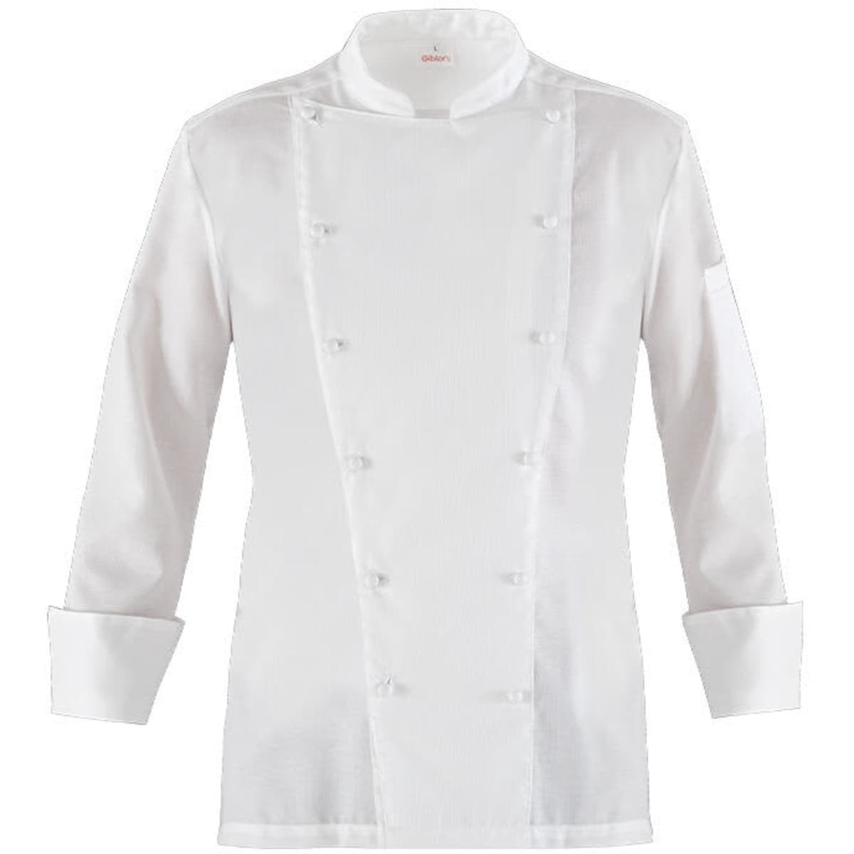 A white chef jacket with a double-breasted design and long sleeves, featuring a stylised logo on the sleeve.