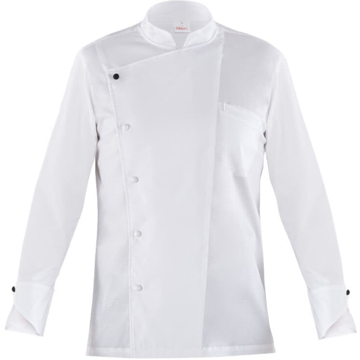 A white chef jacket featuring a double-breasted design and a single breast pocket, with black buttons.