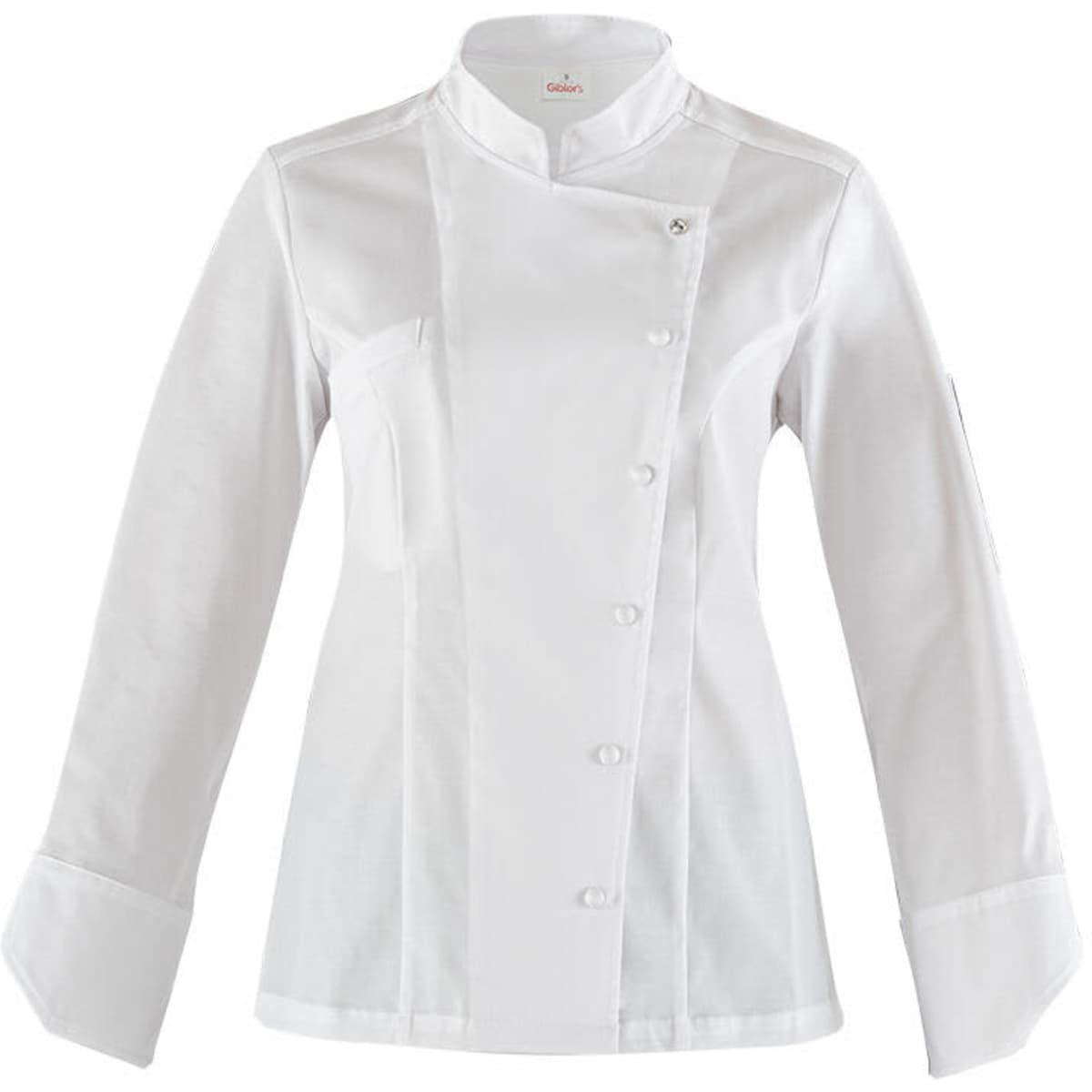 A white chef jacket with long sleeves, featuring a collar and button detailing, and a branding logo.