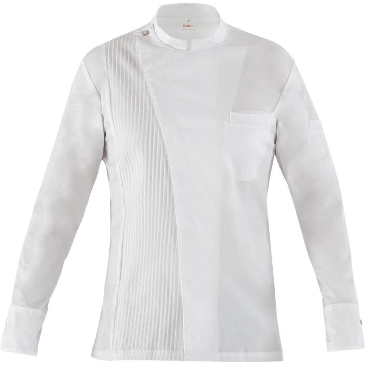 A white executive jacket featuring a unique design with a pocket and a button detail, displayed without a model.