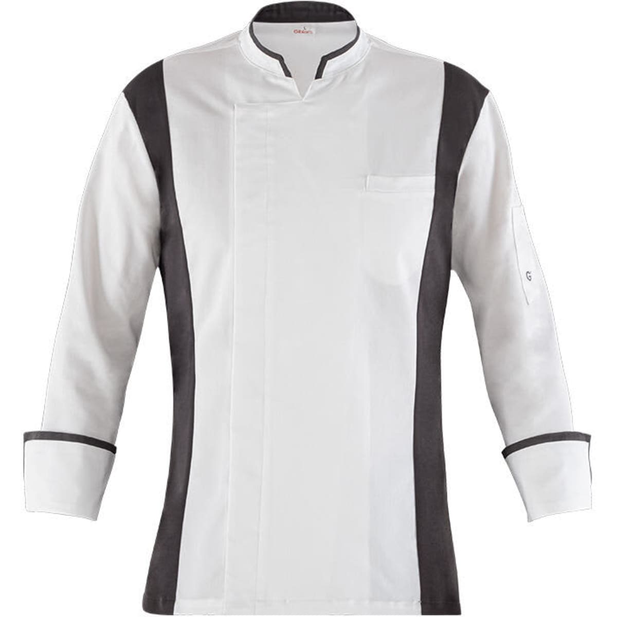 A chef jacket in white with black accents and a single pocket on the front. Features long sleeves and a collar.