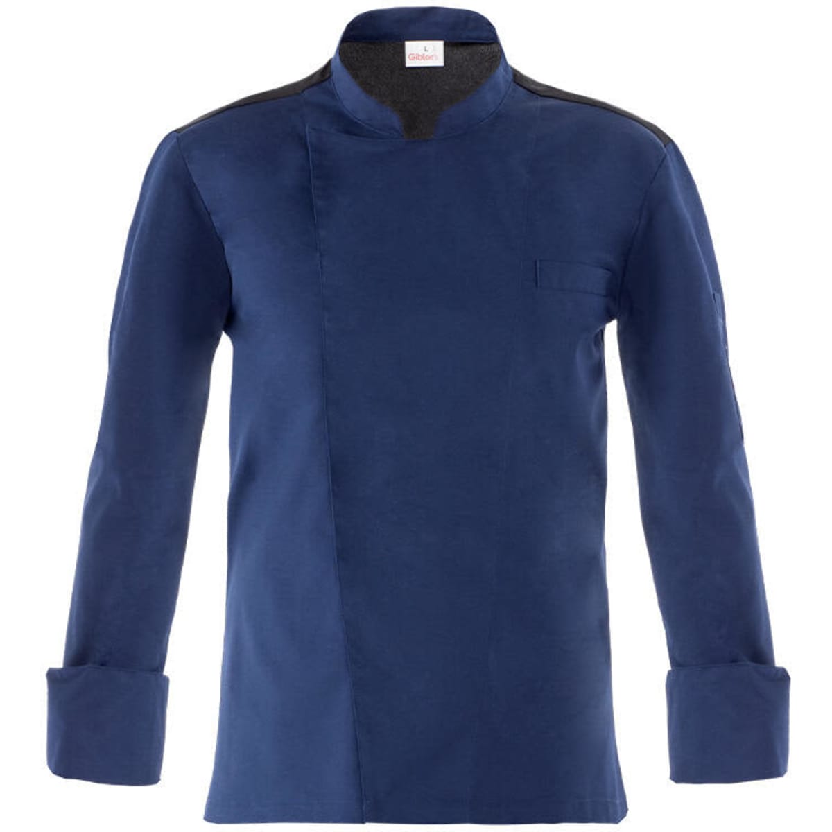 A navy blue chef jacket featuring long sleeves and a stand-up collar, with a patch pocket on the front and a logo.