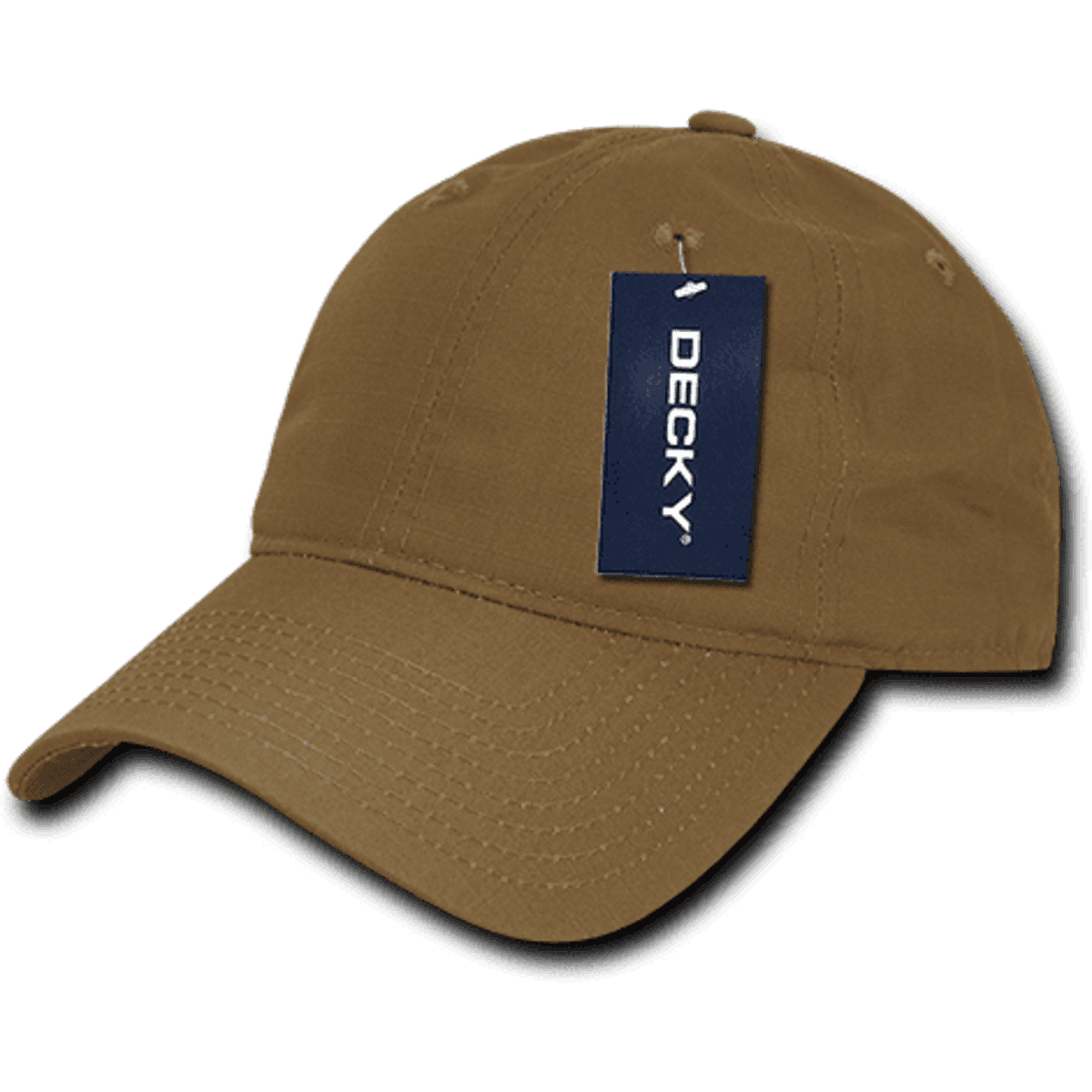 A tan 6-panel low profile relaxed dad hat with a tag attached, featuring a logo on the front.