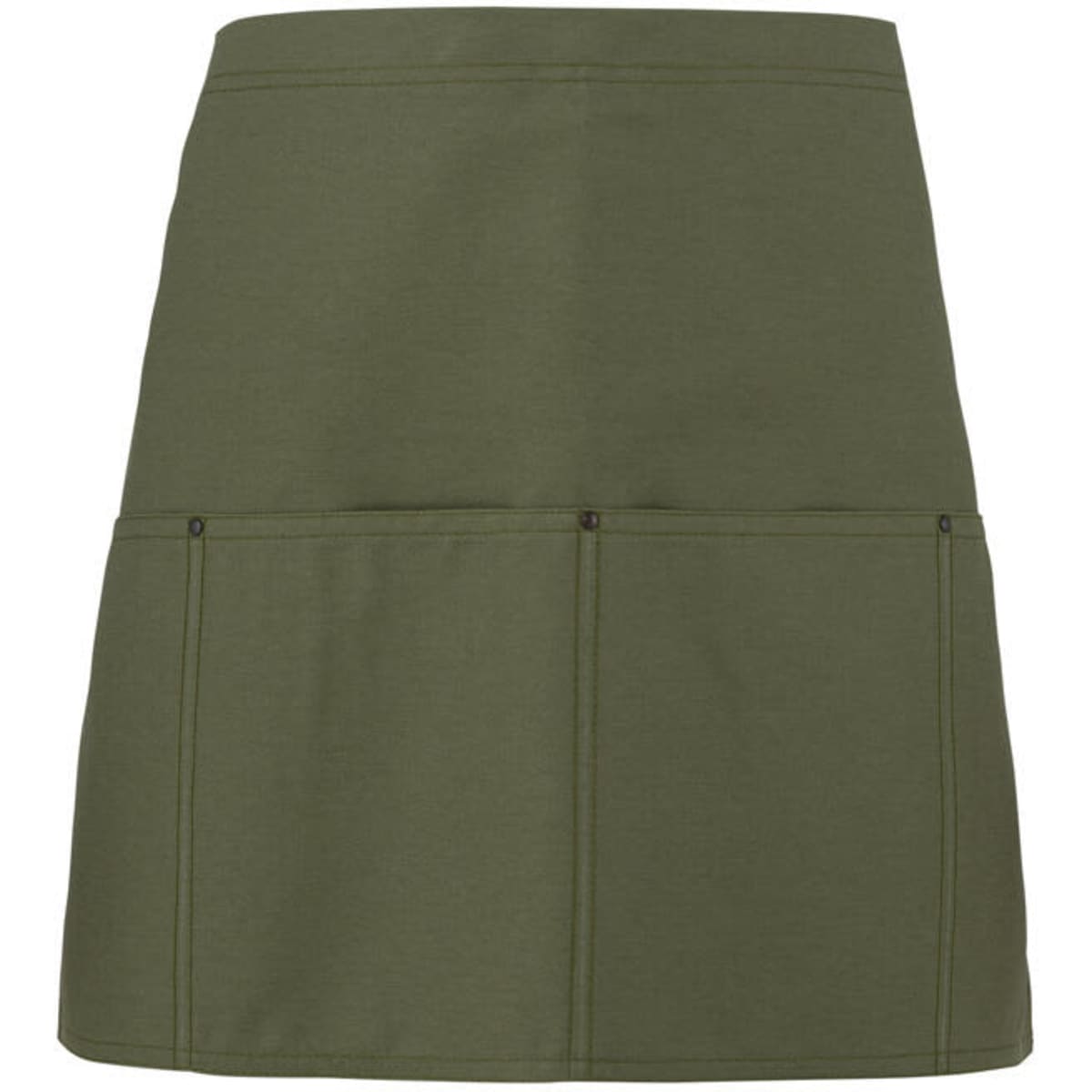 An olive green apron featuring two front pockets and a simple design, with a logo present.