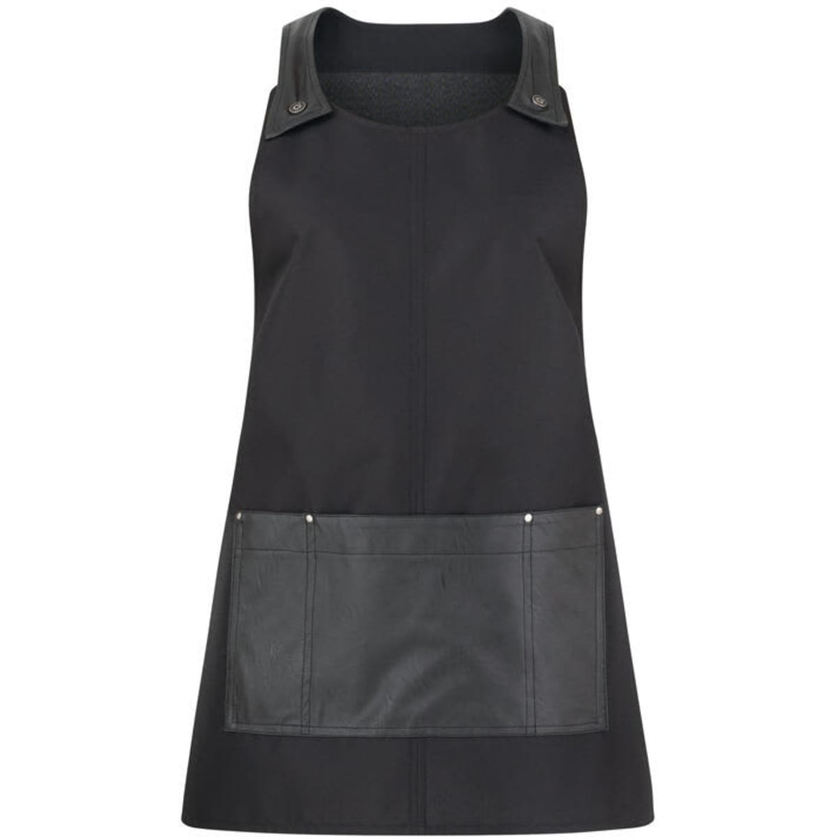 A black apron with leather straps and a front pocket, featuring a sleek design and minimalist style.