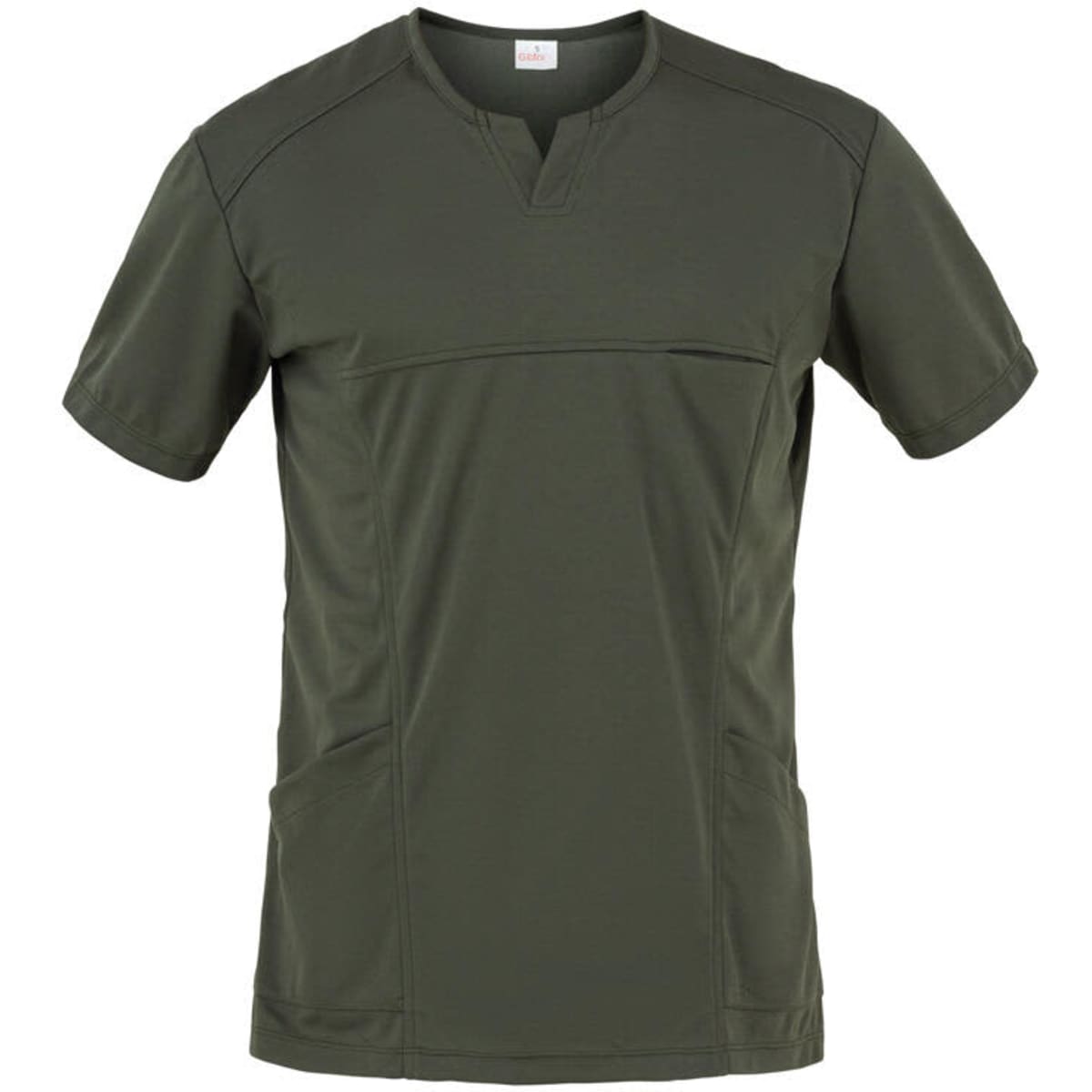 A short-sleeved tunic in olive green with a simple neckline and side pockets, featuring a branded logo.