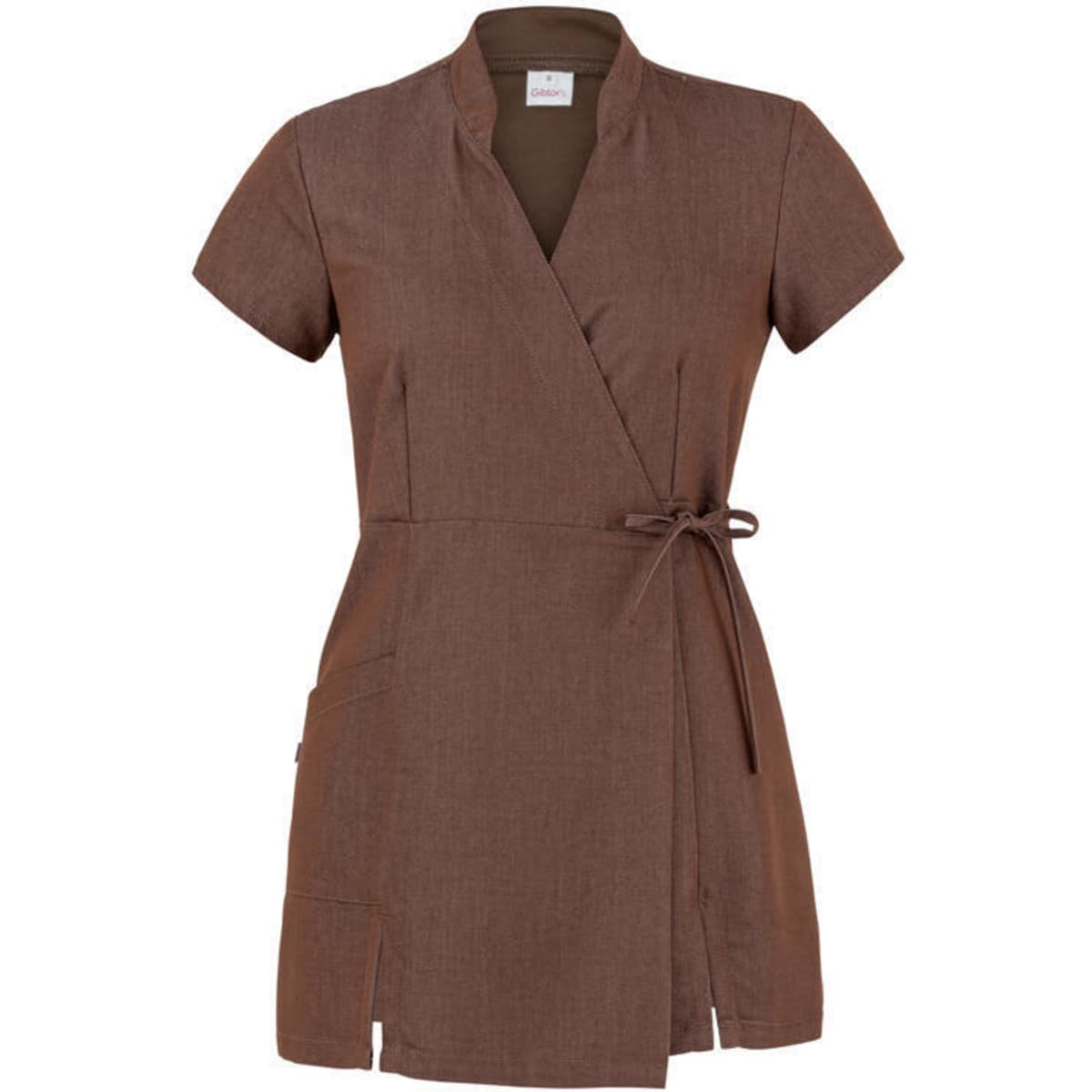A brown salon kimono dress featuring short sleeves, a wrap design, and side pockets, with a tie waist.