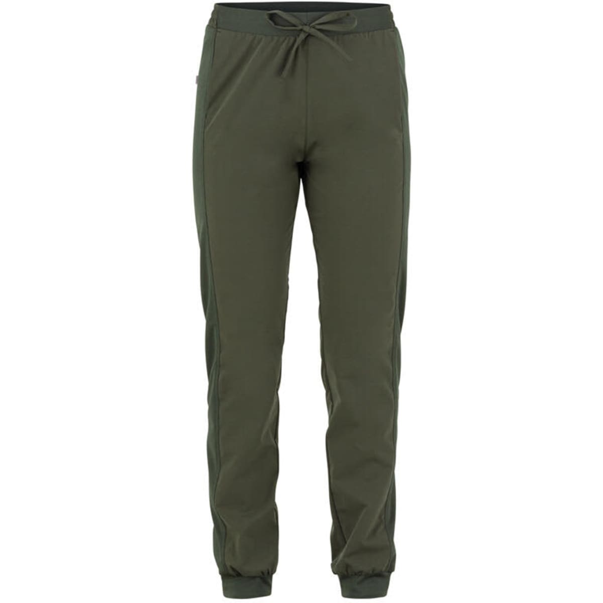 Olive green pants with a drawstring waist and fitted cuffs, featuring side panels and a logo.