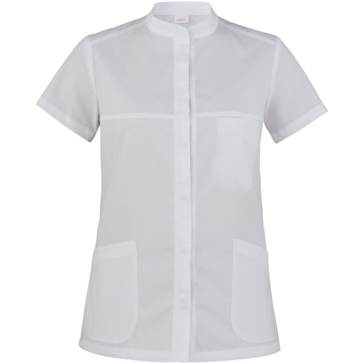 A white tunic featuring short sleeves, a front closure, and two pockets. It has a brand logo on the label.