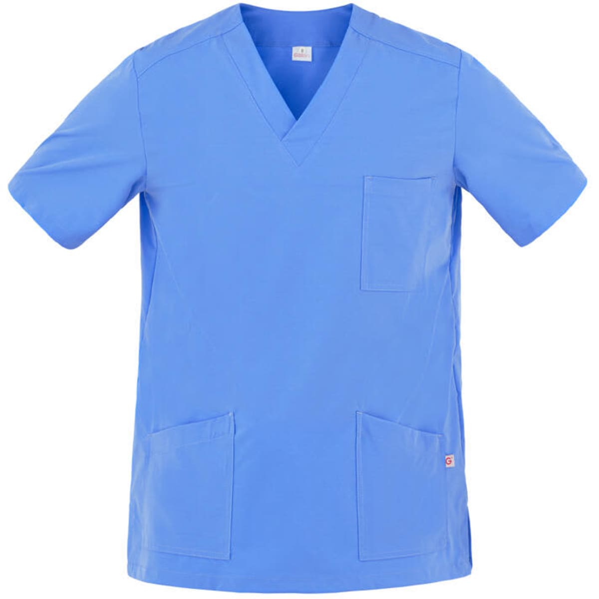 A light blue tunic with a V-neck design, featuring a chest pocket and two front pockets. Brand logo visible.