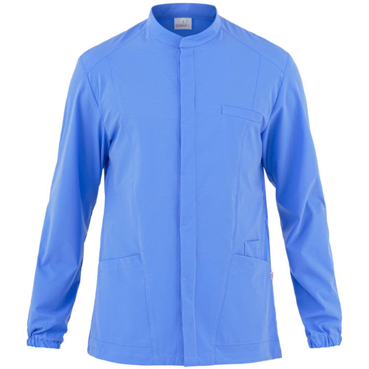 A blue Luca Tunic Jacket with a mandarin collar, long sleeves, and front pockets. It features a logo.