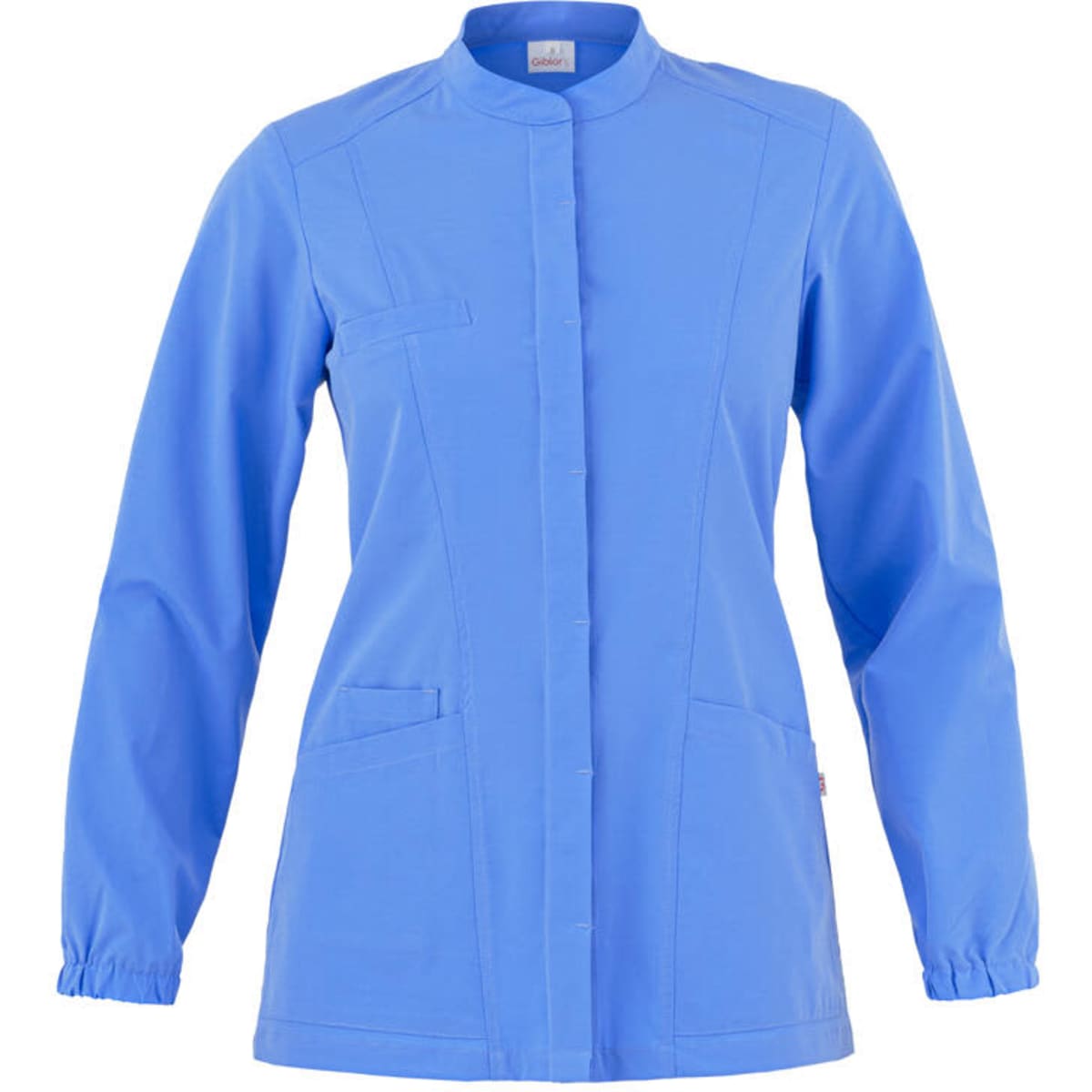 A blue tunic jacket featuring long sleeves and multiple pockets, with a logo on the fabric.