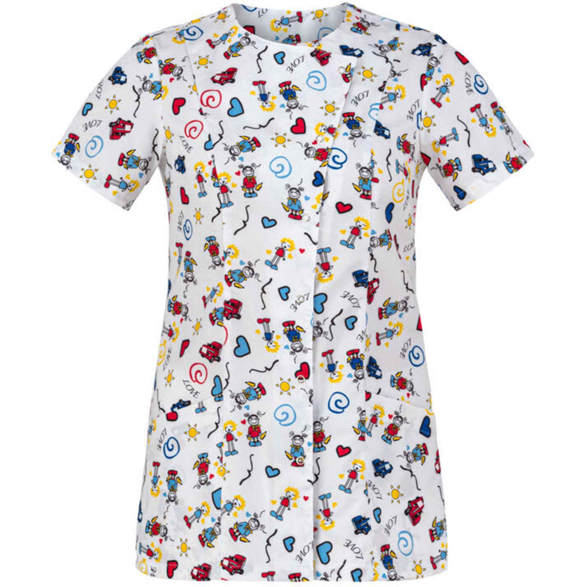 A short-sleeved tunic featuring a playful pattern of colourful characters and designs on a white background.
