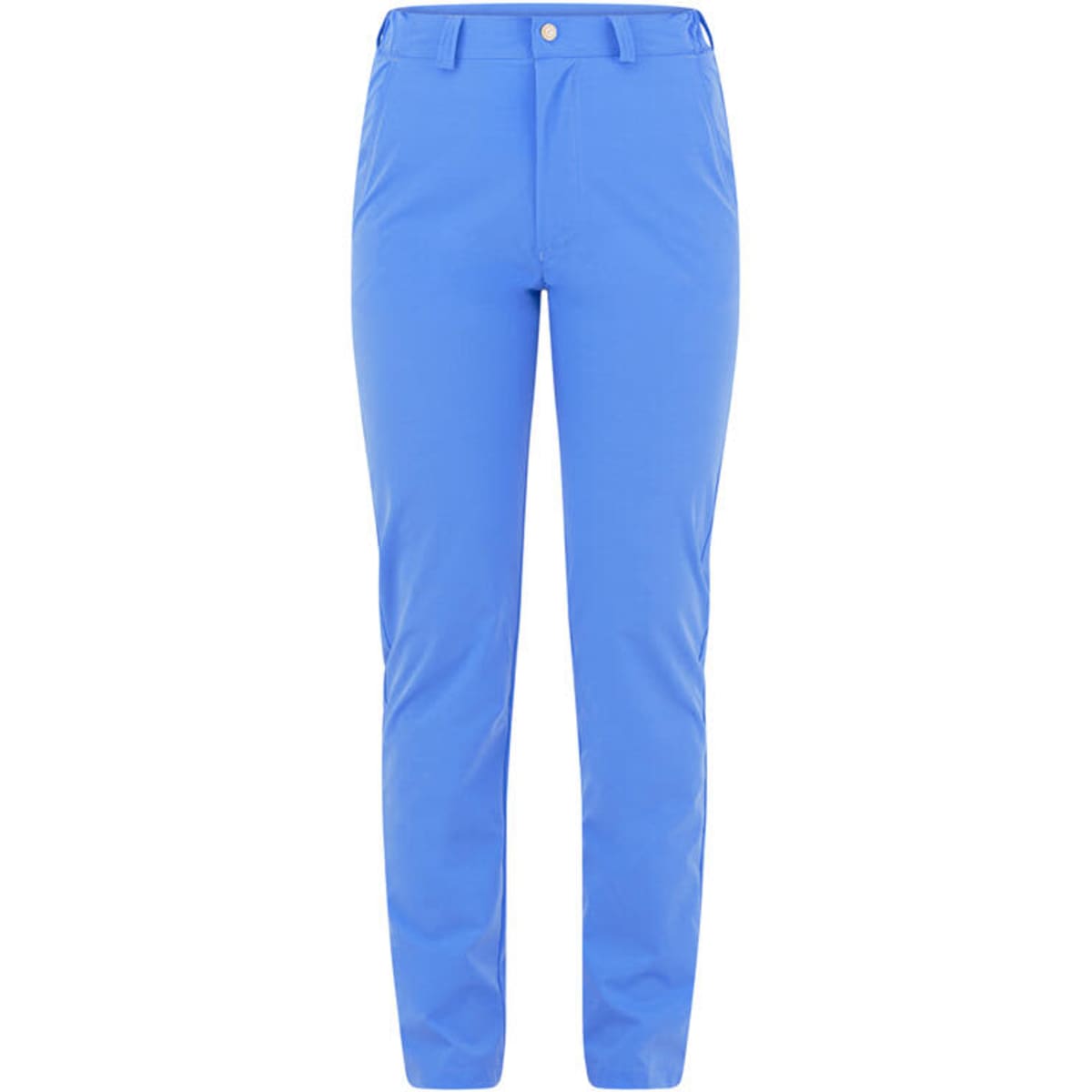 A pair of blue trousers with a button closure and pockets. The fabric appears lightweight and smooth.