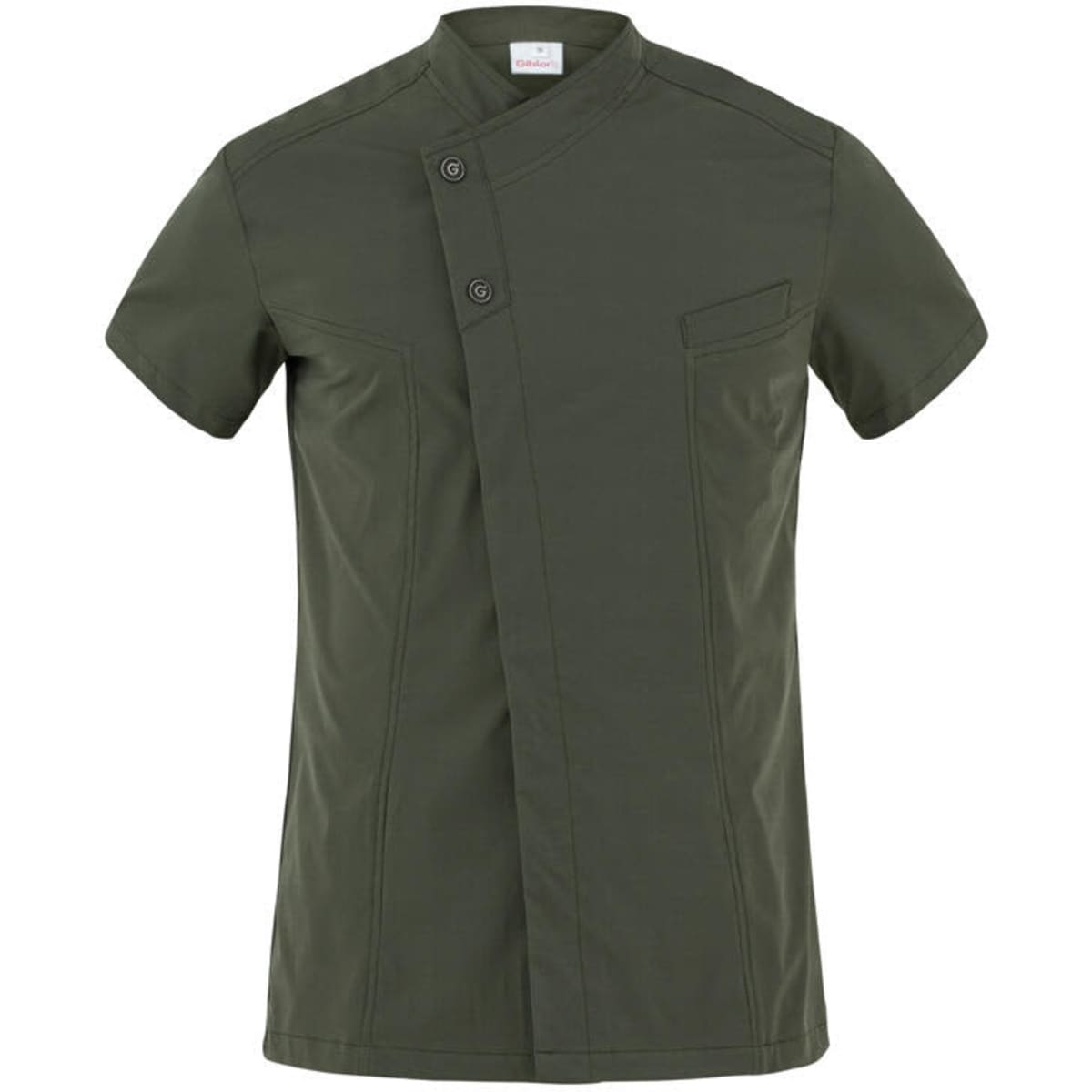 A short-sleeved jacket in olive green with a unique buttoned design and a chest pocket. It features a logo.