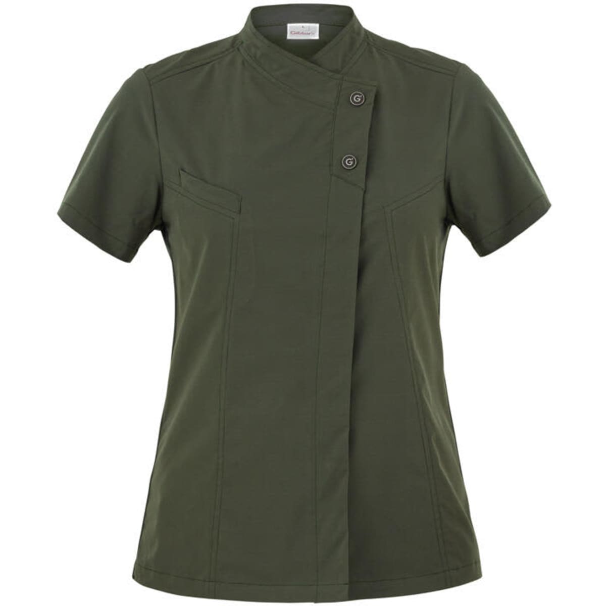 A green Megan Tunic featuring a collared design, short sleeves, and two buttons at the front. The product has branding.