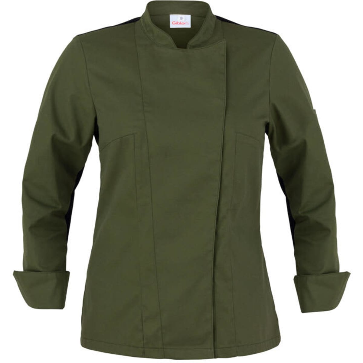 An olive green Agata Jacket with a minimalist design, featuring long sleeves and a folded collar.