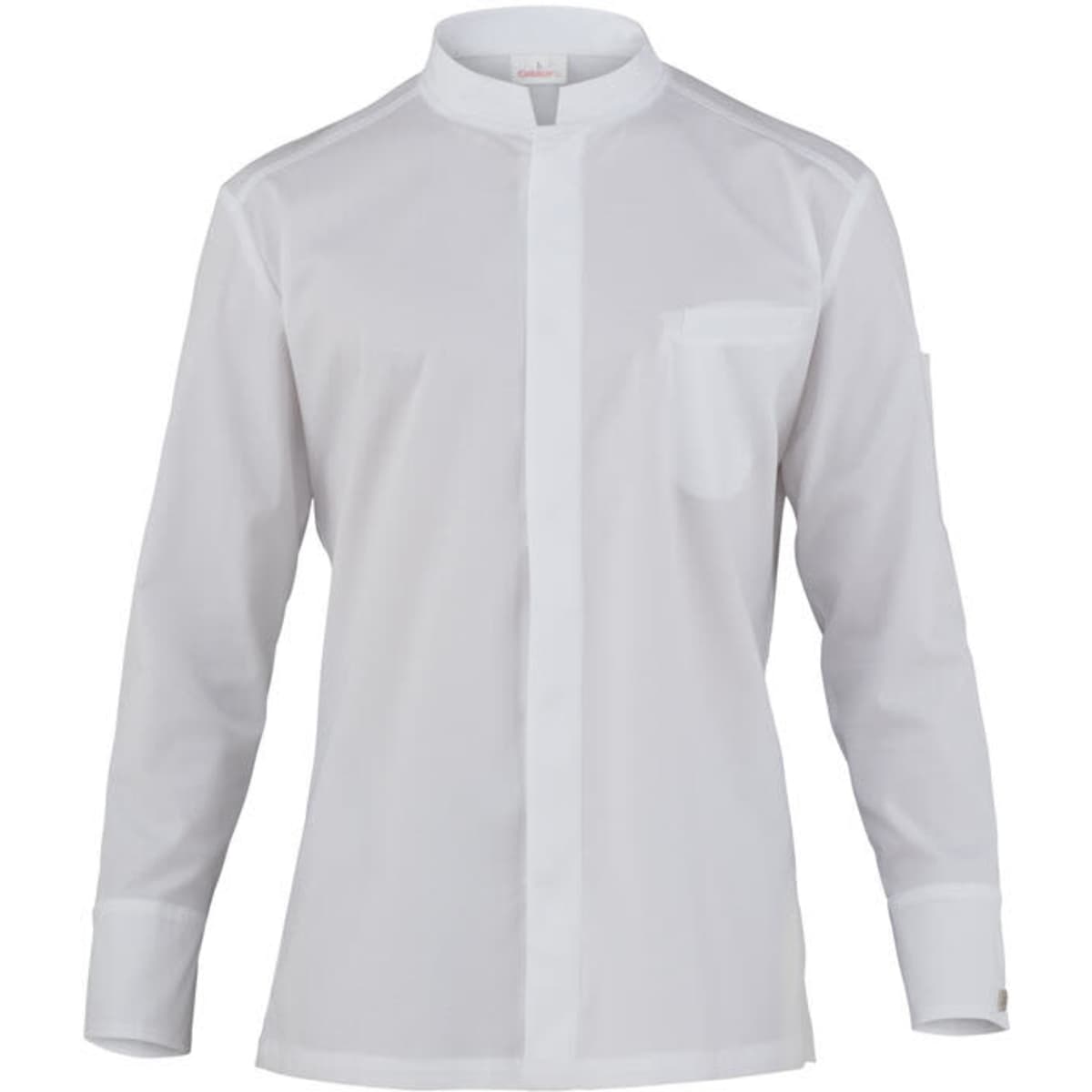 A white, long-sleeved jacket with a mandarin collar and a single pocket on the chest, featuring a logo.