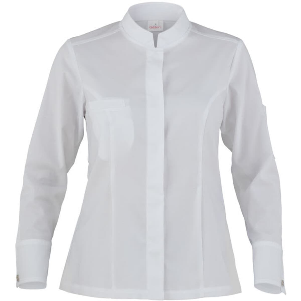 A white jacket with long sleeves, a mandarin collar, and a front pocket, featuring a logo on the sleeve.