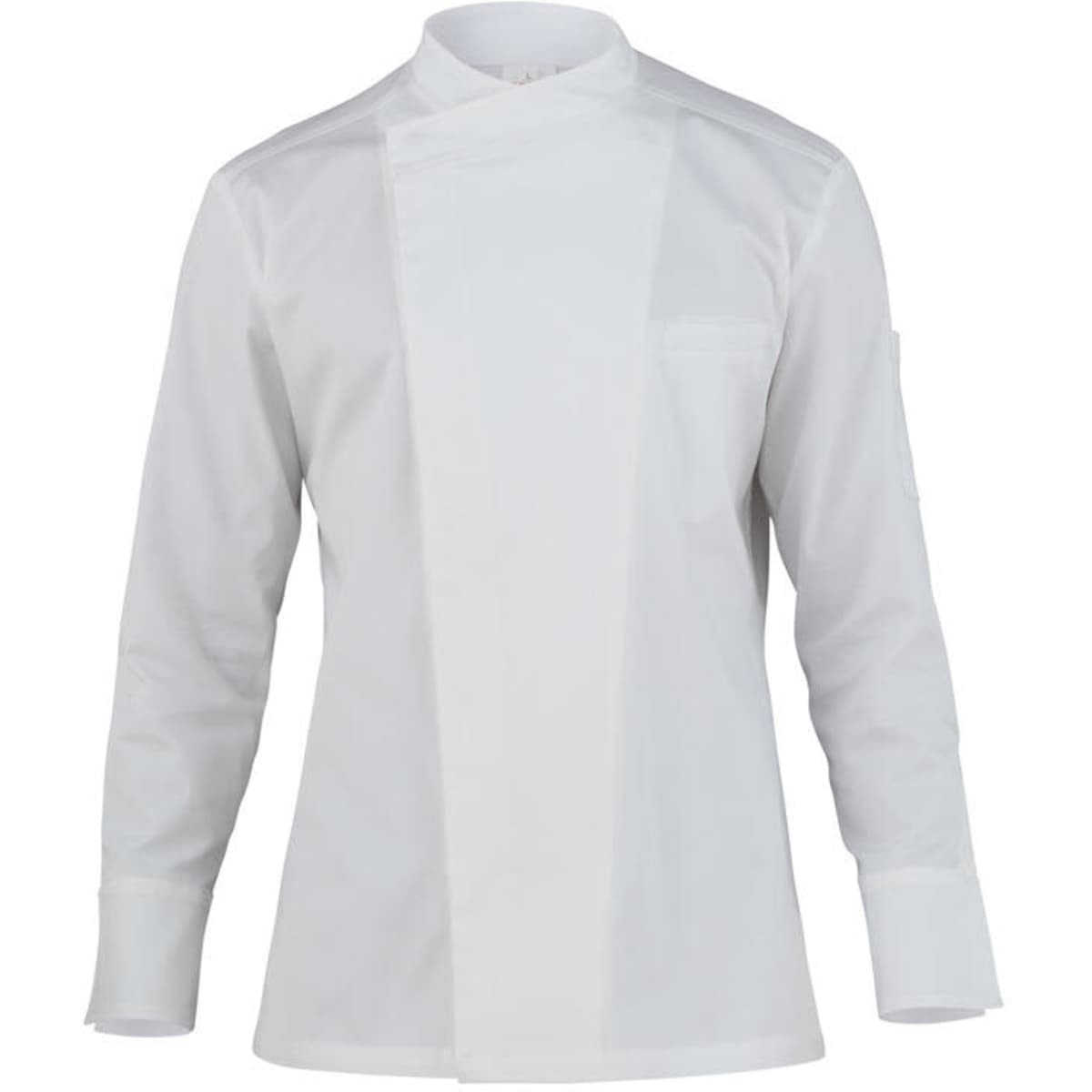 A white chef jacket featuring long sleeves, a mandarin collar, and a chest pocket. It includes a branding logo.
