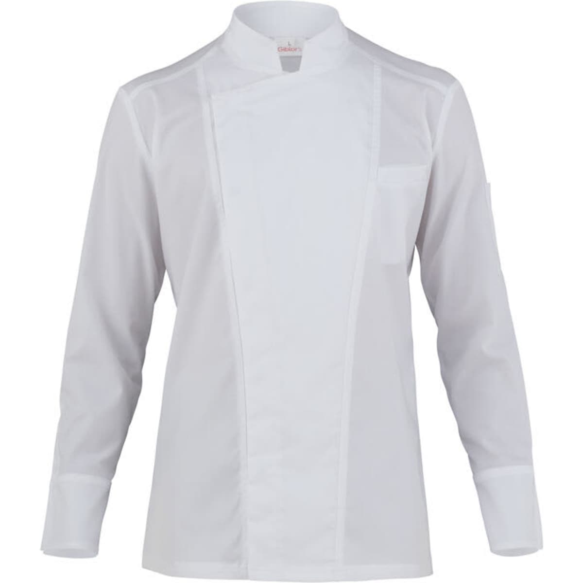 A white chef jacket featuring long sleeves and a mandarin collar, with a pocket on the front.