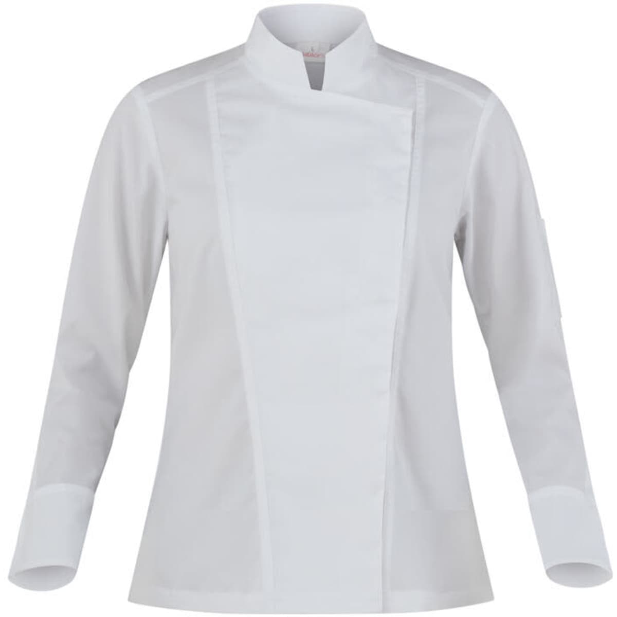 A white chef jacket with a mandarin collar and long sleeves, featuring a logo on the arm.