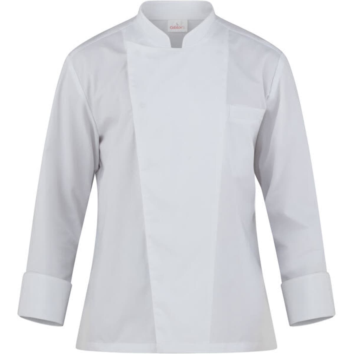 A white chef jacket featuring long sleeves and a front pocket, with a simple design and a brand logo.