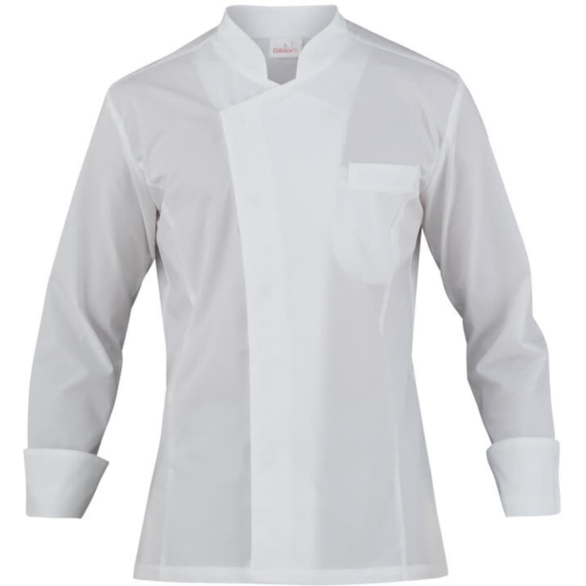 A white chef’s jacket with long sleeves and a single breast pocket. It features a double-breasted style and has a logo.