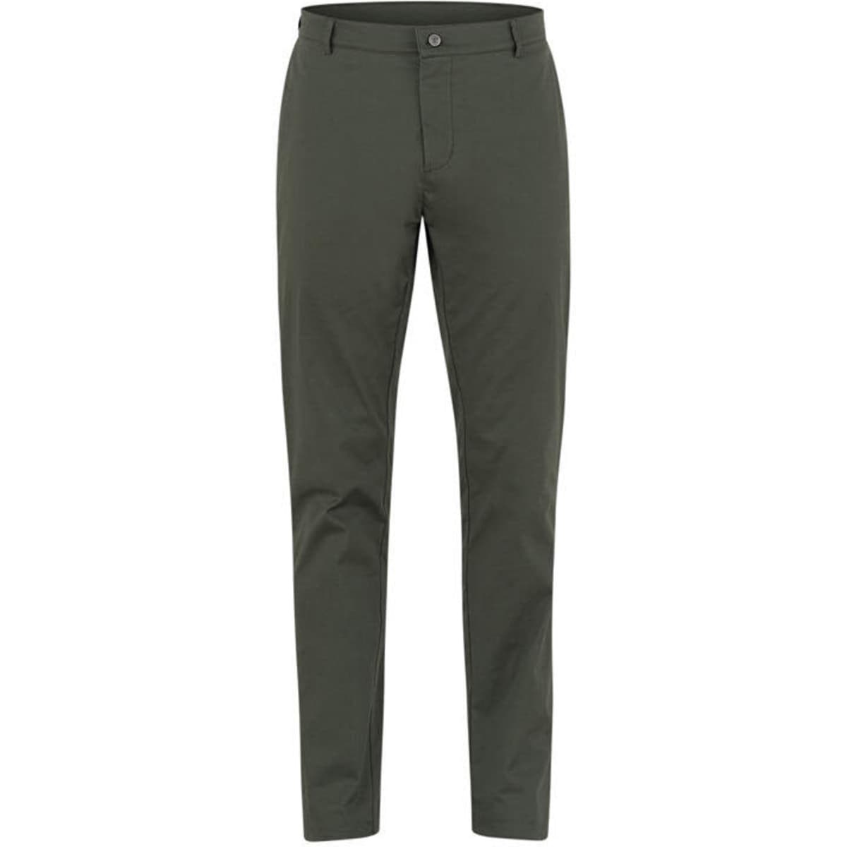 A pair of green trousers featuring a fitted design and a button closure, with a brand logo present.