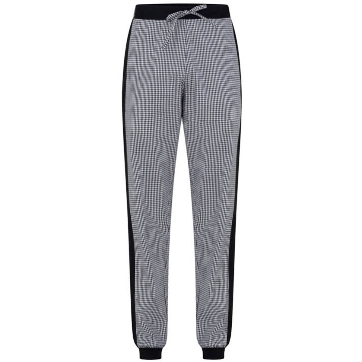 Black and white checked pants with a drawstring waist and contrasting side panels. Features a logo on the waistband.
