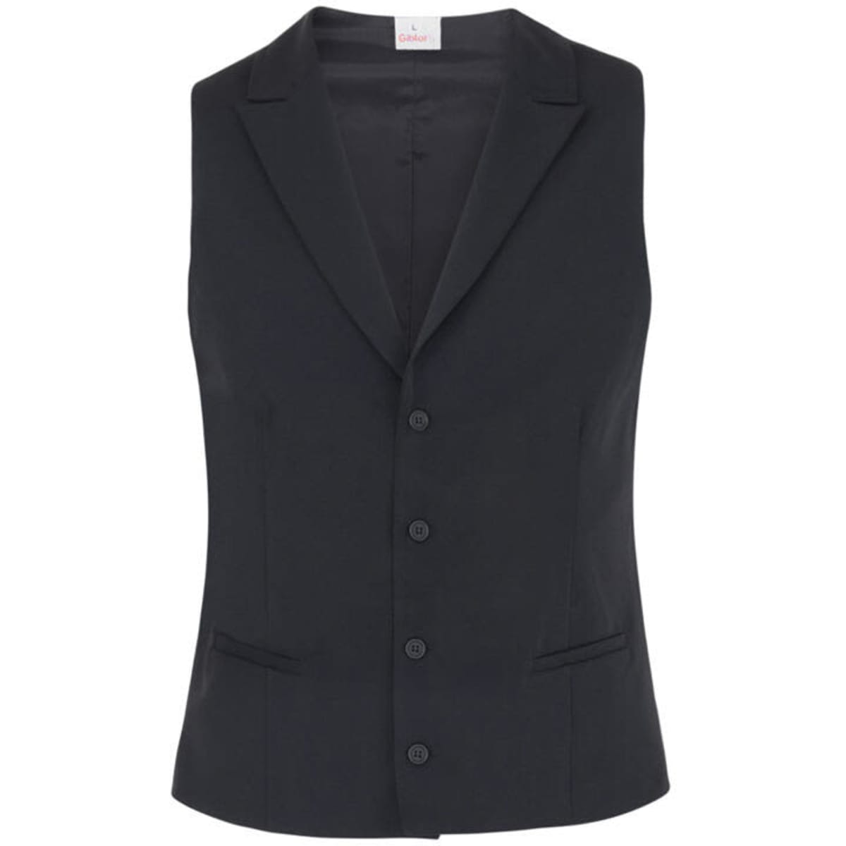 A black sleeveless vest with a notched collar and button closure, featuring two front pockets.