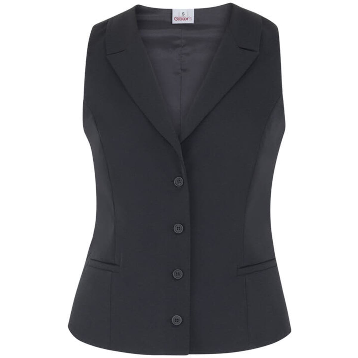 A tailored black vest featuring a notched collar, button closure, and two front pockets, with a logo detail.
