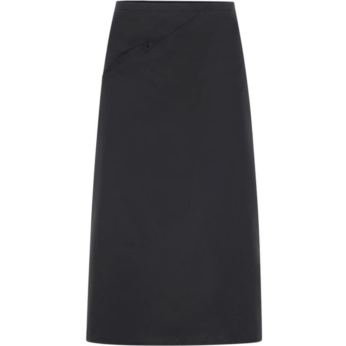 A black apron with an angled design and a pocket, suitable for workwear. It features a logo.