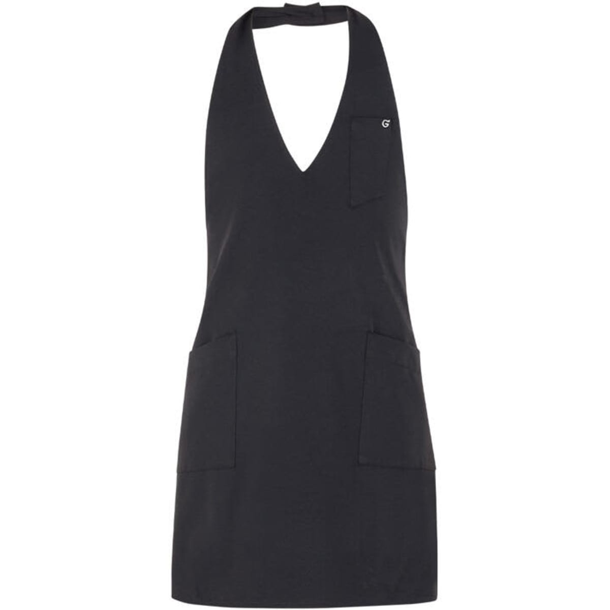 A black Bilbao apron featuring a V-neck design and two front pockets. It has a logo on the chest area.