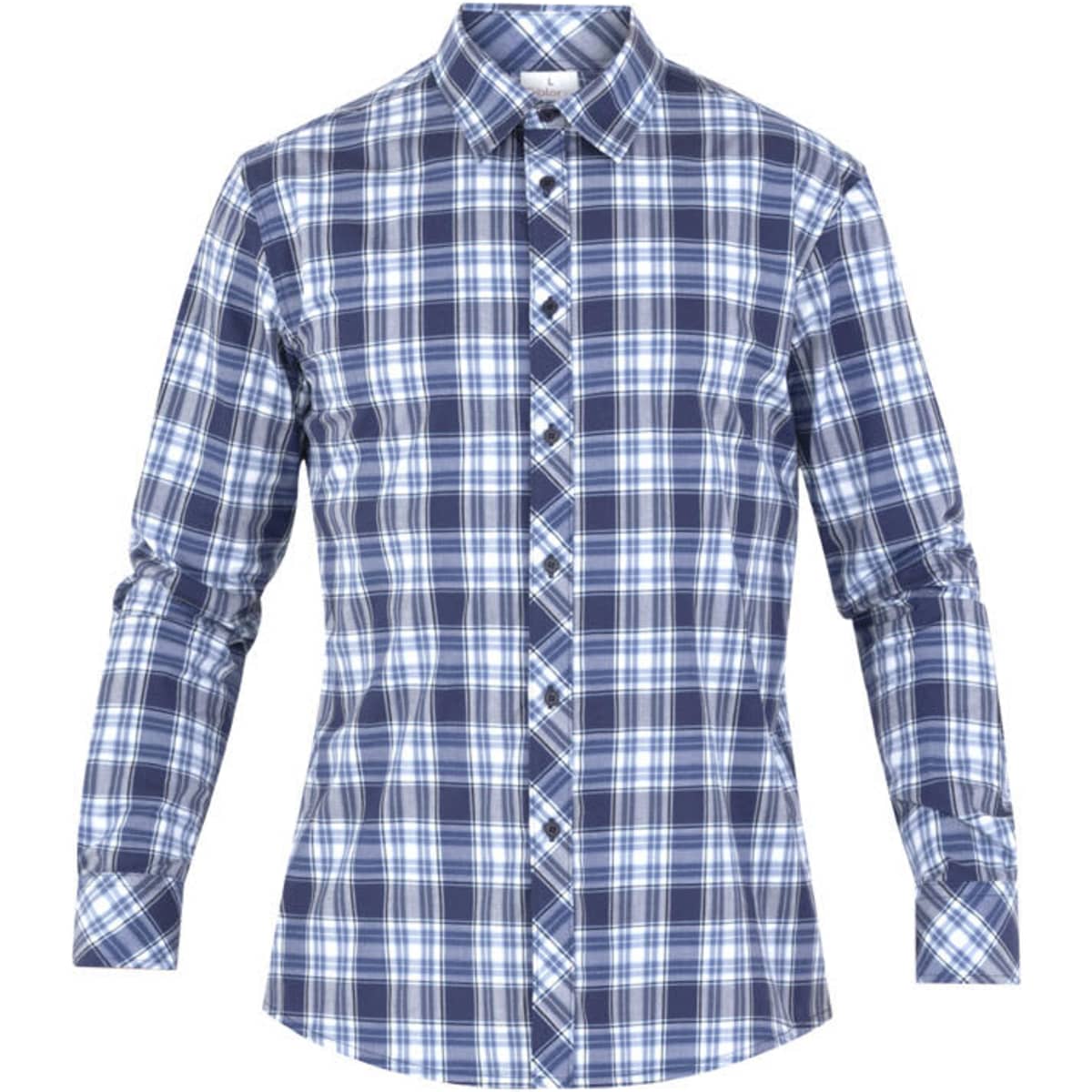 A blue and white plaid button-up shirt featuring a collar and long sleeves, with a logo present.
