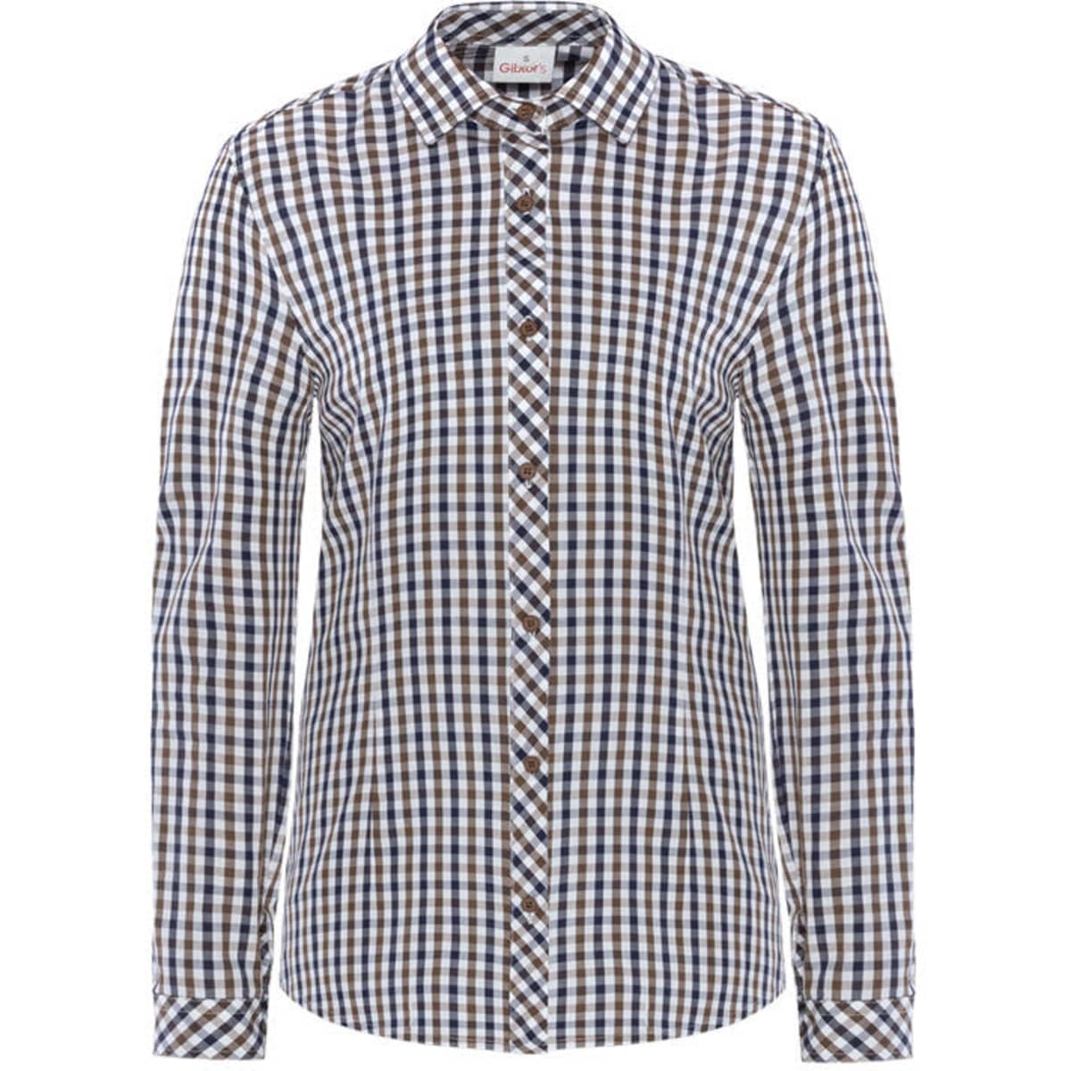 A button-up shirt featuring a brown and navy check pattern with a collar and long sleeves. It has a logo on the label.
