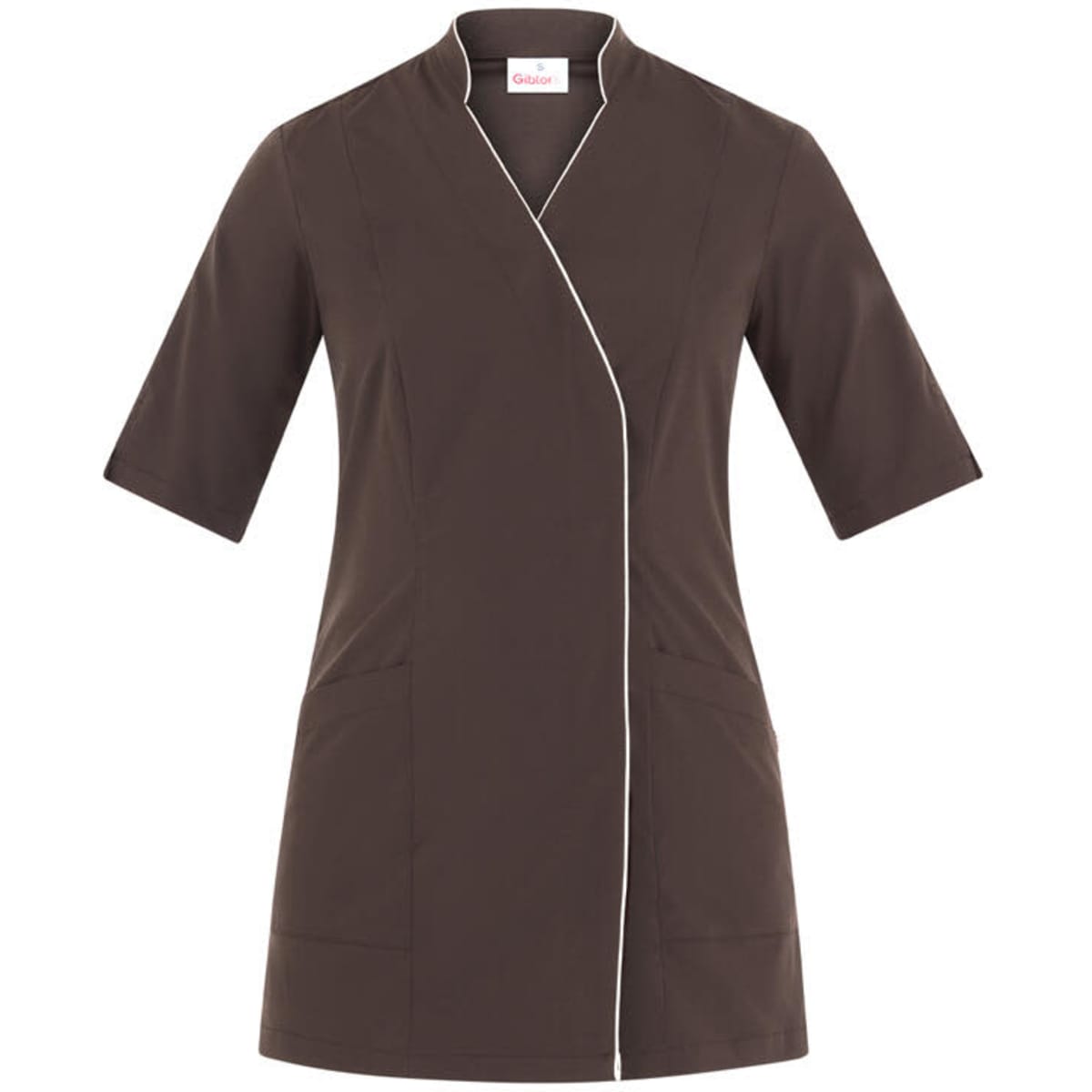 A brown tunic with a wrap design, featuring short sleeves and contrasting white piping, includes pockets and a logo.