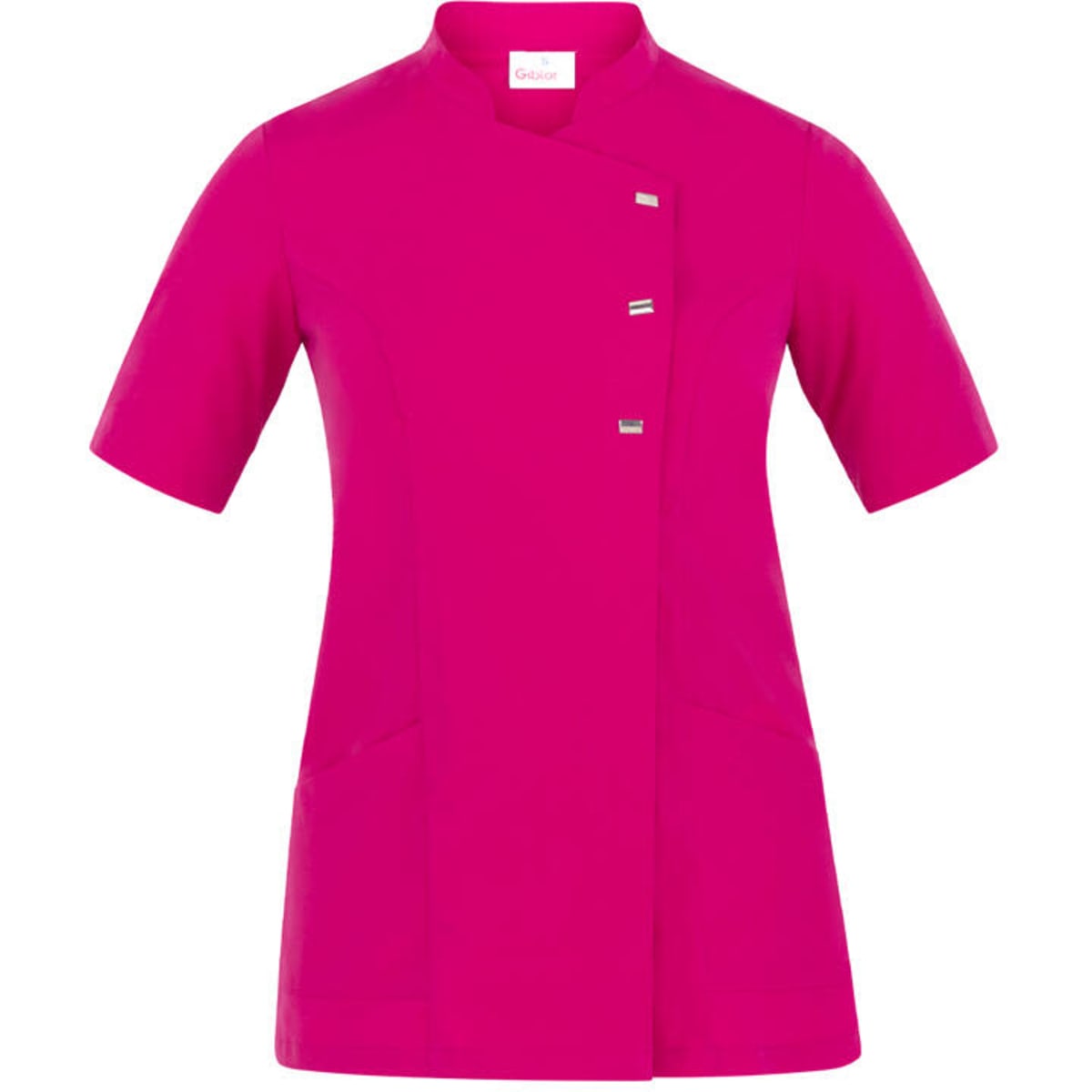 A fuchsia tunic with short sleeves, featuring a round collar and three buttons, along with pockets on the sides.
