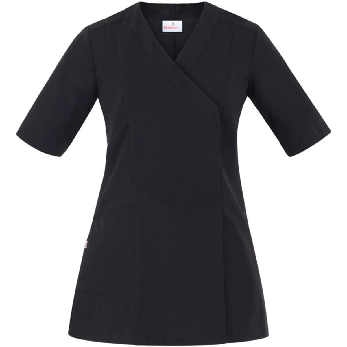 A black Gaia Tunic with short sleeves and a wrap design, featuring a logo on the fabric.