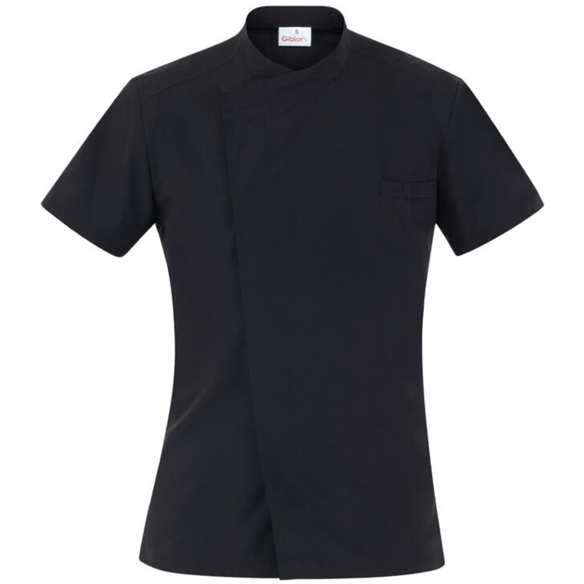 A black short-sleeved tunic with a mandarin collar and a chest pocket, featuring a logo.