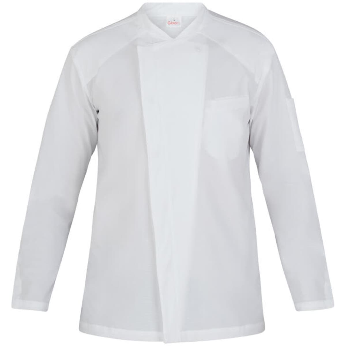A white chef jacket featuring a front pocket and a logo on the sleeve. Suitable for culinary professionals.