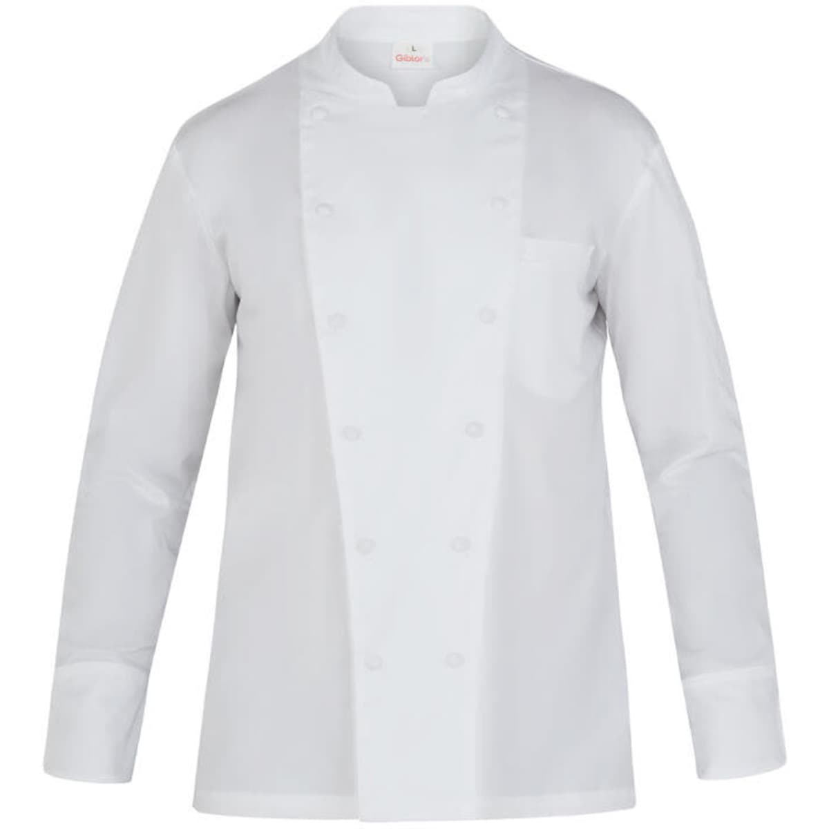A white chef jacket with long sleeves, featuring a chest pocket and a branded logo.