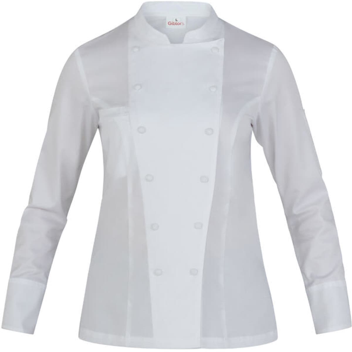 A white chef jacket with long sleeves and a front button closure. It features a logo on the chest area.