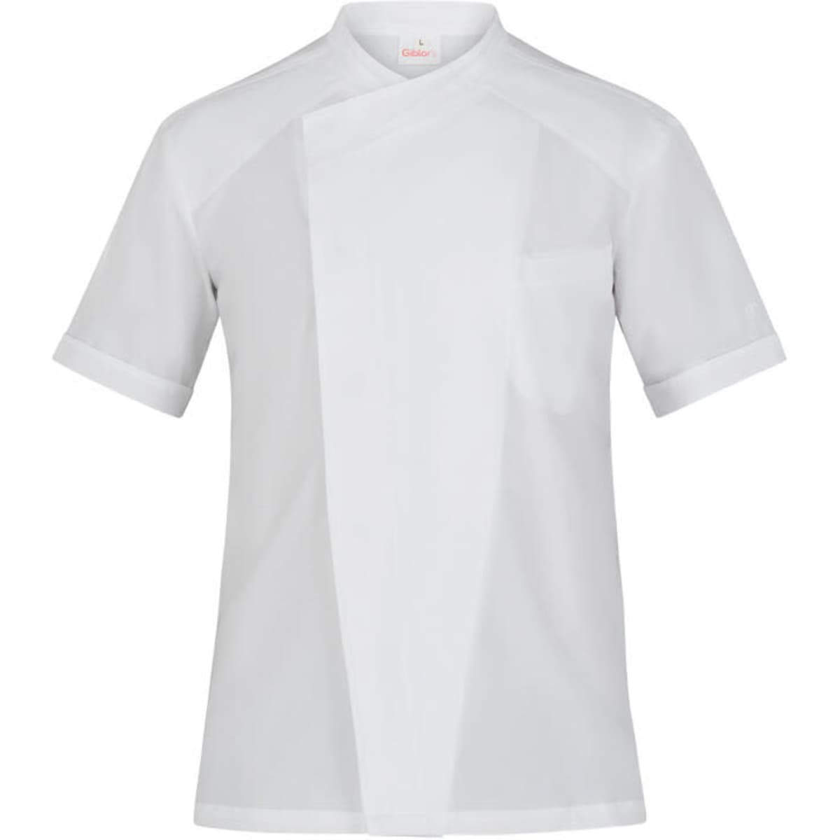 A white chef jacket with a short sleeve design, featuring a single breast pocket and a branding logo.