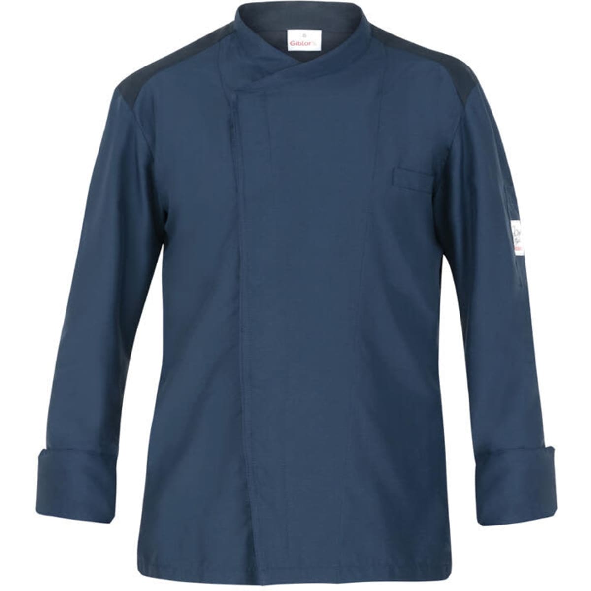 A navy chef jacket featuring long sleeves, a collarless design, and a single pocket with a logo.