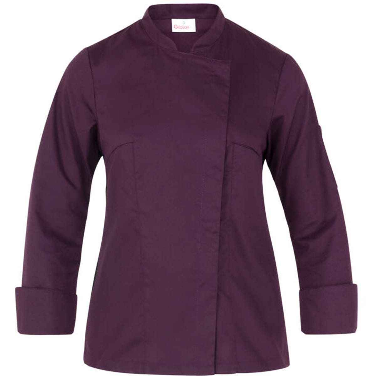 A purple chef jacket with long sleeves, featuring a rounded collar and a branding logo.