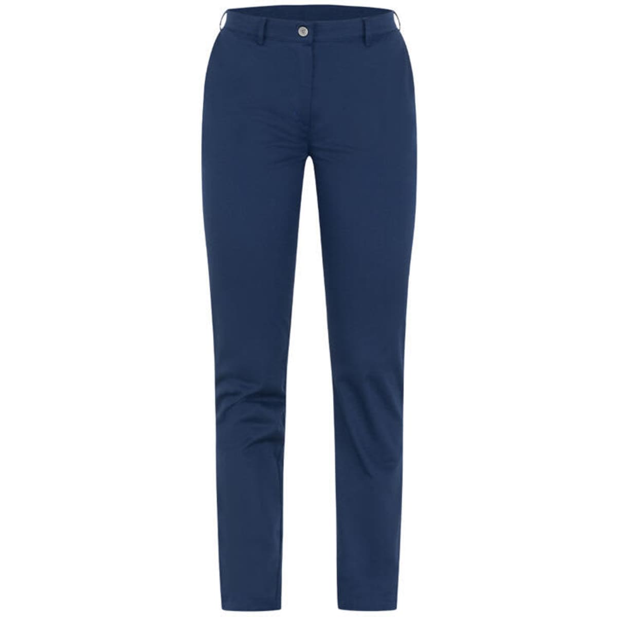 Navy blue trousers with a slim fit and classic pocket design. Features a waistband with a button and zipper.