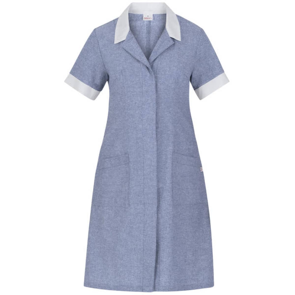 A blue tunic dress with short sleeves and white collar and cuffs, featuring two front pockets and a logo.