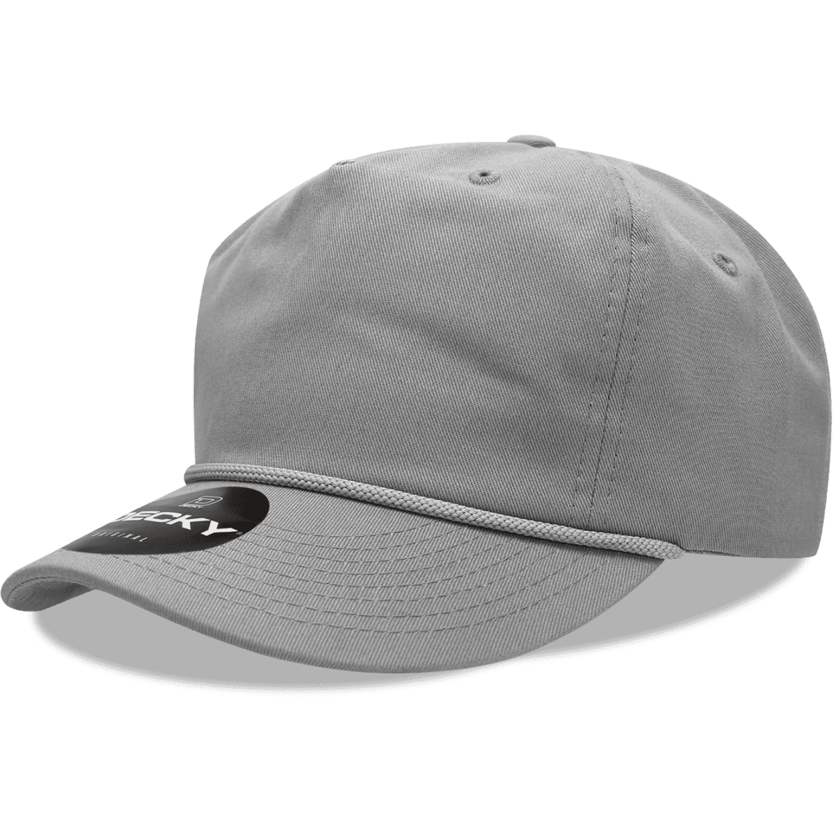 A grey 5 Panel High Profile Relaxed Cap with a curved brim and a logo.