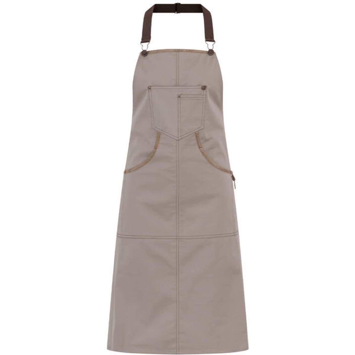 A beige apron with a pocket and dark brown straps, featuring a logo on the front.